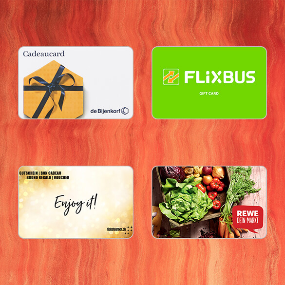 New additions to Amilon's catalogue for Europe: Flixbus gift card, Ticketcorner gift cards, Rewe gift cards, De Bijenkorf gift card